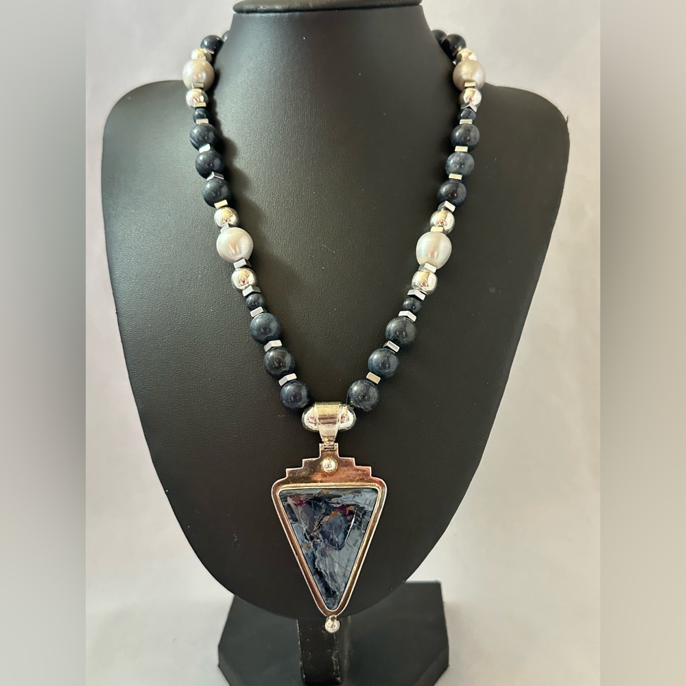 Sterling Silver Pietersite pendant necklace with pearls